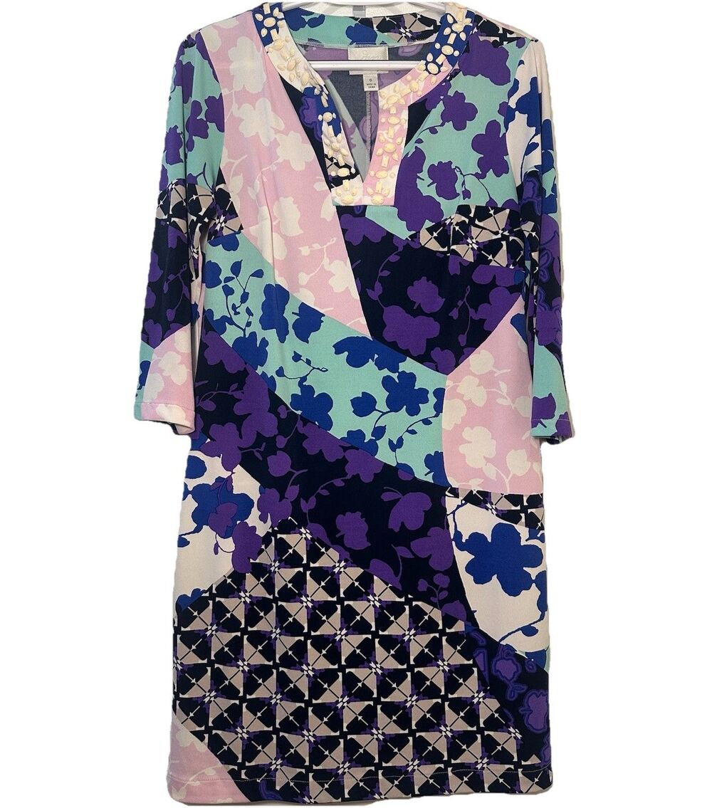 Donna Morgan Floral Print Sheath Dress Size 6 Beaded V-Neck Stretch Party
